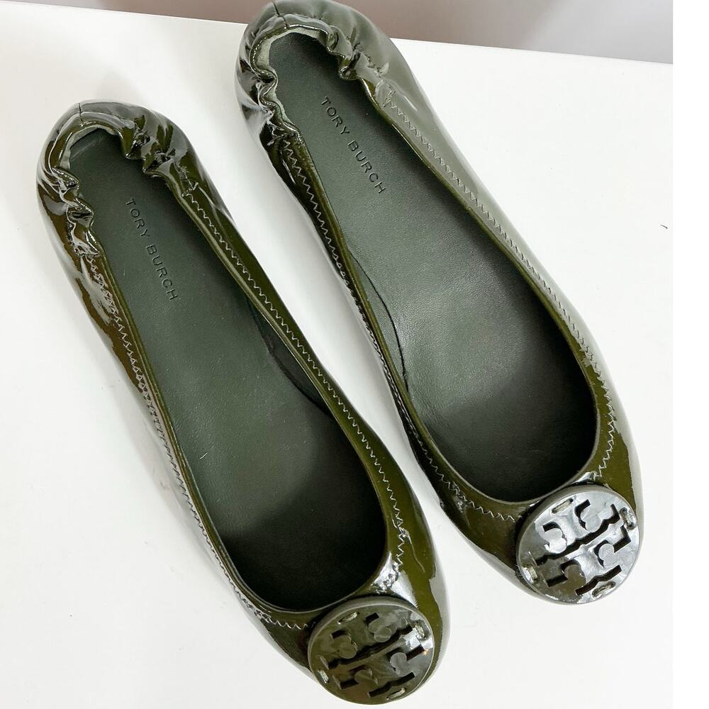 Tory Burch Womens Minnie Patent Leather Ballet Flats Shoes Leccio Dark Green 6.5